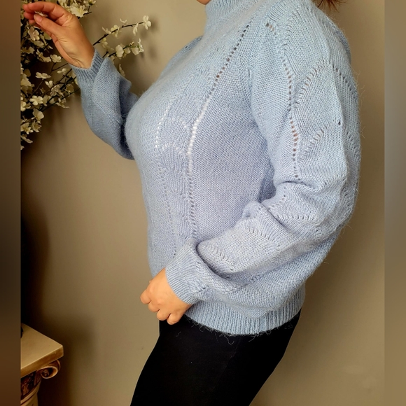 H&M Women's Sweater Knitted Balloon Sleeve Wool/Mohair Blend Blue Medium - Picture 10 of 16